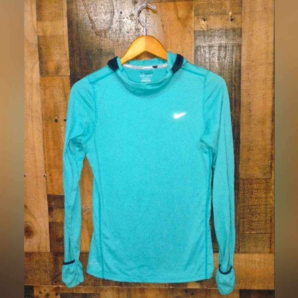 NIKE Dri Fit Women's Aqua Long Sleeve Hooded Top Athletic Size Medium - Picture 2 of 6